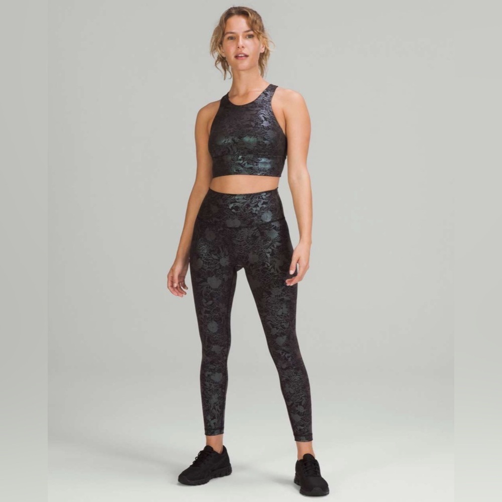 Lululemon Iridescent Foil Set Wunder Train Leggings 25” Longline Bra Black 4